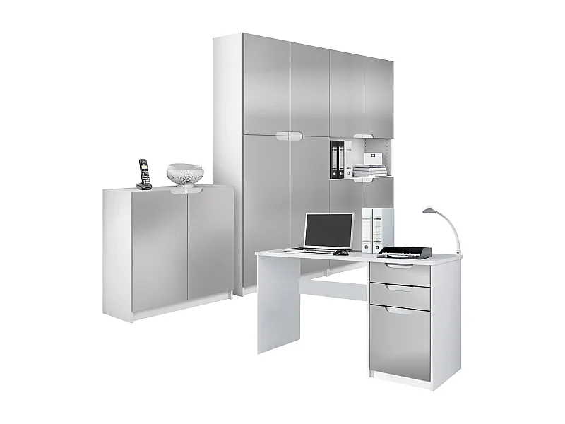Ensemble de meubles de bureau Armoire Commode Rangement Logan, Corps en blanc mat / Façades en gris clair satiné mat