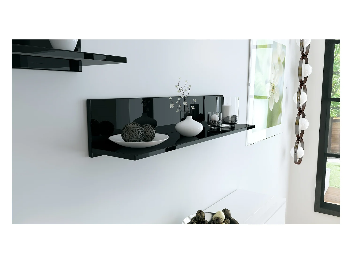 Étagère murale Skadu, Tablette murale avec surface de rangement, noir haute brillance (97,5 x 18,5 x 18,5 cm)