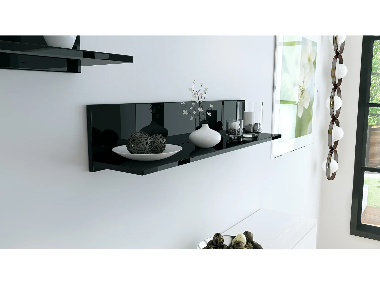 Scaffale a parete  Skadu, scaffale galleggiante con pratica superficie d'appoggio, nero lucido (97,5 x 18,5 x 18,5 cm)