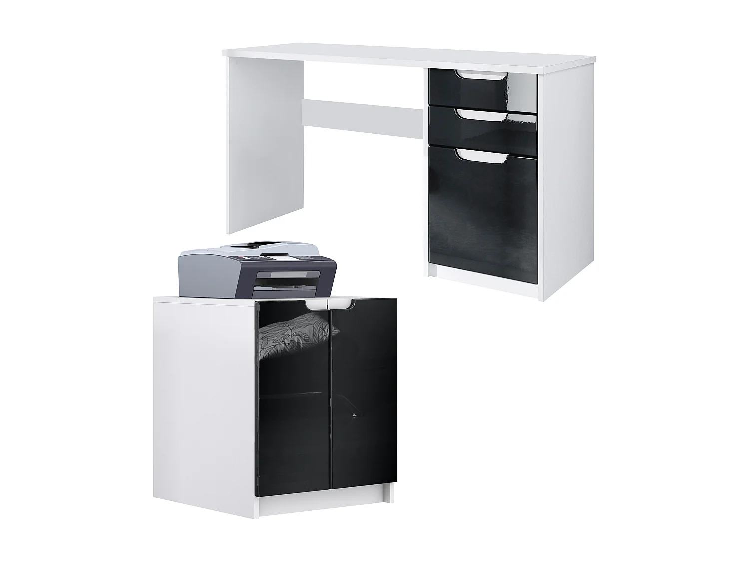 Mobilier de bureau ensemble bureau à domicile Paris, fabriqué en Allemagne avec meuble pour imprimante et bureau, blanc mat / noir haute brillance