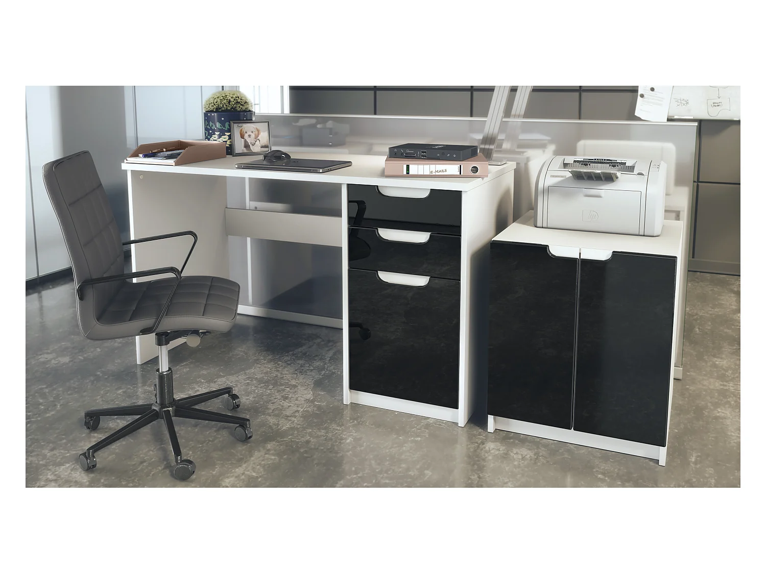 Mobilier de bureau ensemble bureau à domicile Paris, fabriqué en Allemagne avec meuble pour imprimante et bureau, blanc mat / noir haute brillance