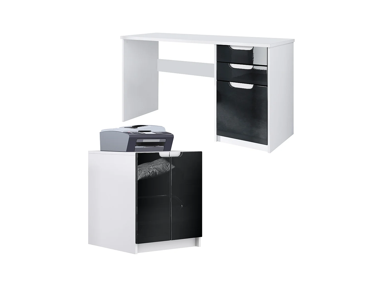 Mobilier de bureau ensemble bureau à domicile Paris, fabriqué en Allemagne avec meuble pour imprimante et bureau, blanc mat / noir haute brillance