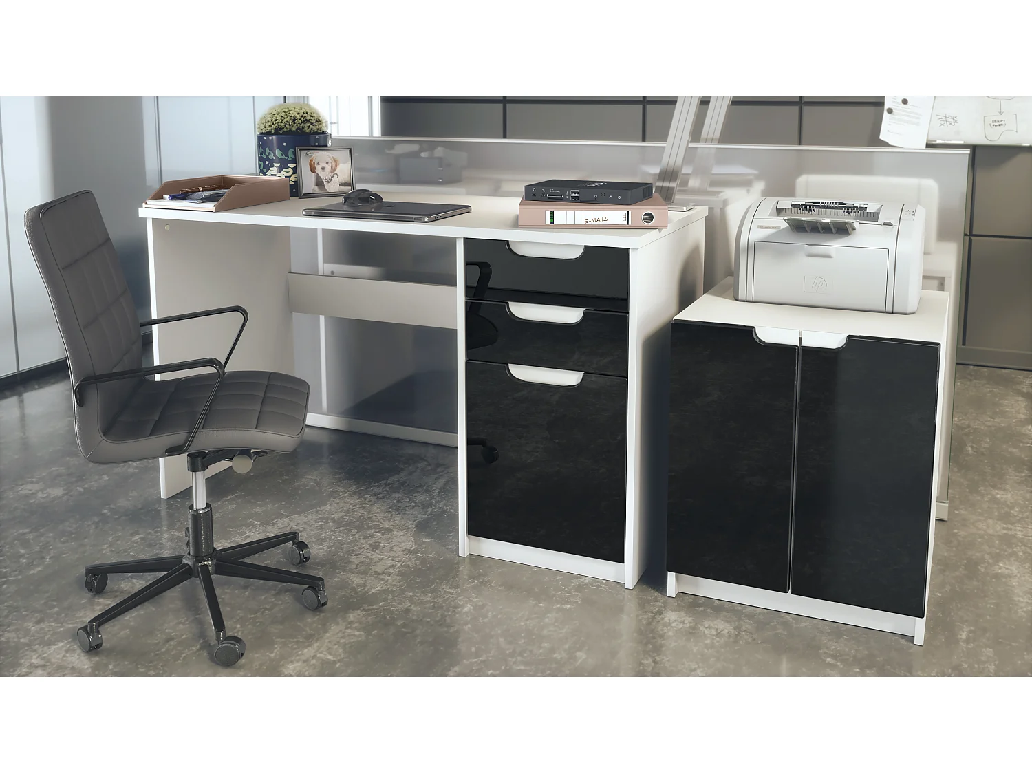 Arredamento per ufficio set home office Paris, made in Germany con mobile per stampante e scrivania, bianco opaco / nero lucido