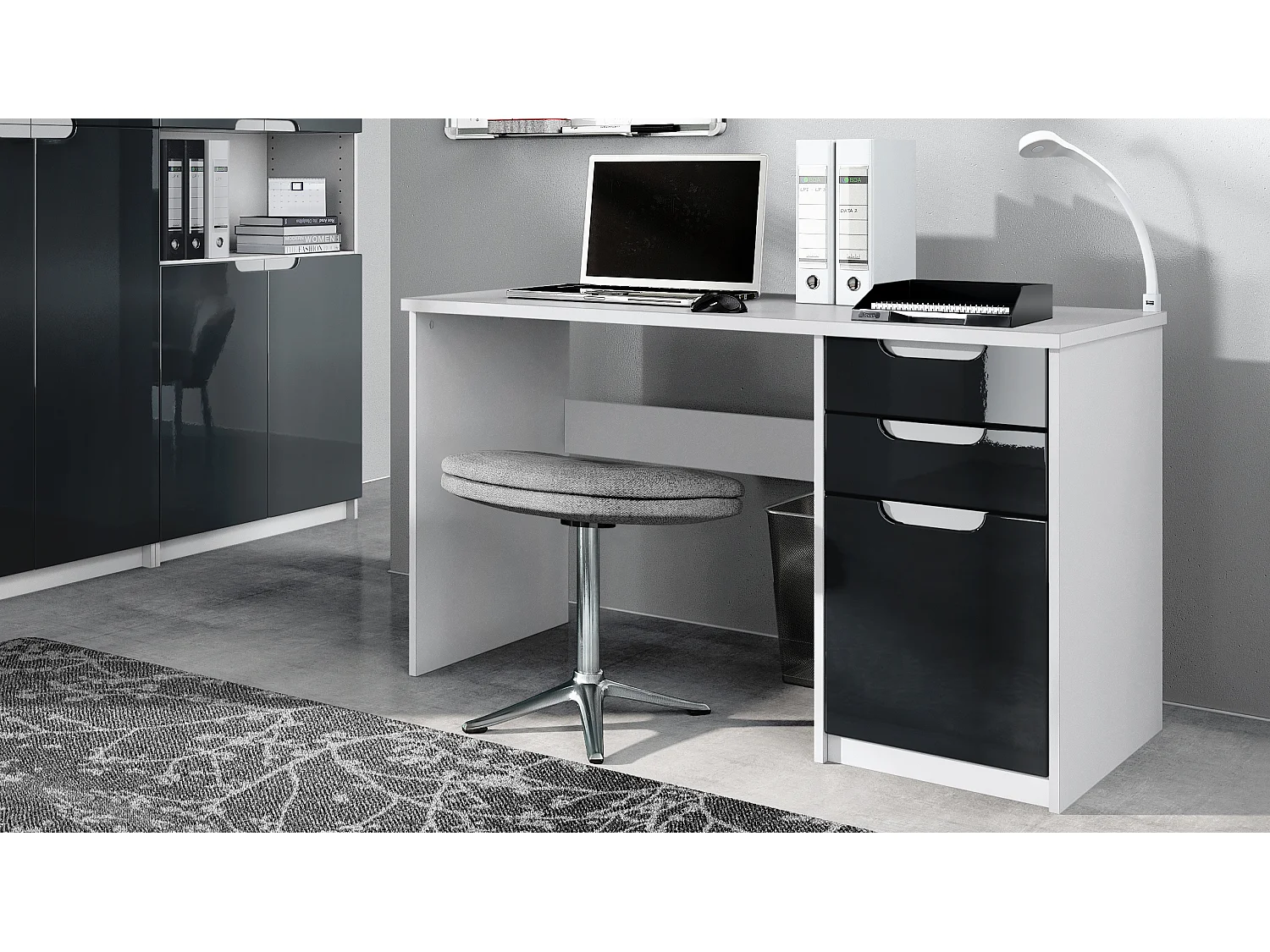 Arredamento per ufficio set home office Paris, made in Germany con mobile per stampante e scrivania, bianco opaco / nero lucido
