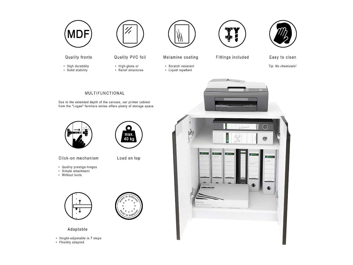 Arredamento per ufficio set home office Paris, made in Germany con mobile per stampante e scrivania, bianco opaco / nero lucido