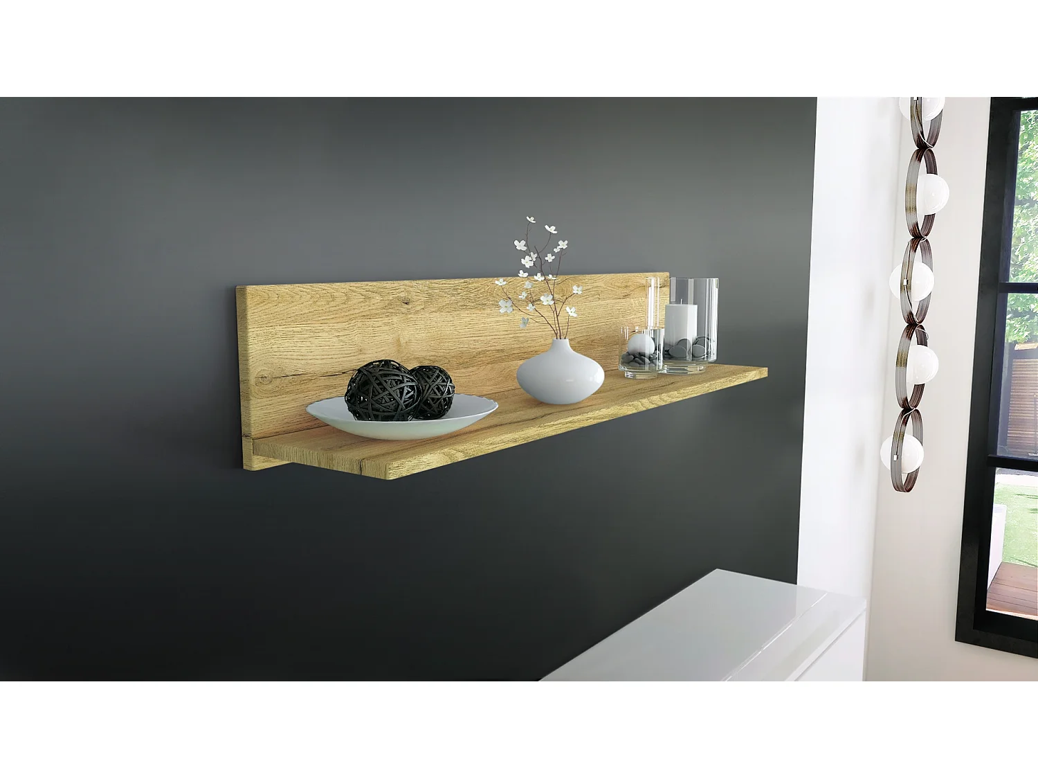 Étagère murale Skadu, Tablette murale avec surface de rangement, chêne nature (97,5 x 18,5 x 18,5 cm)