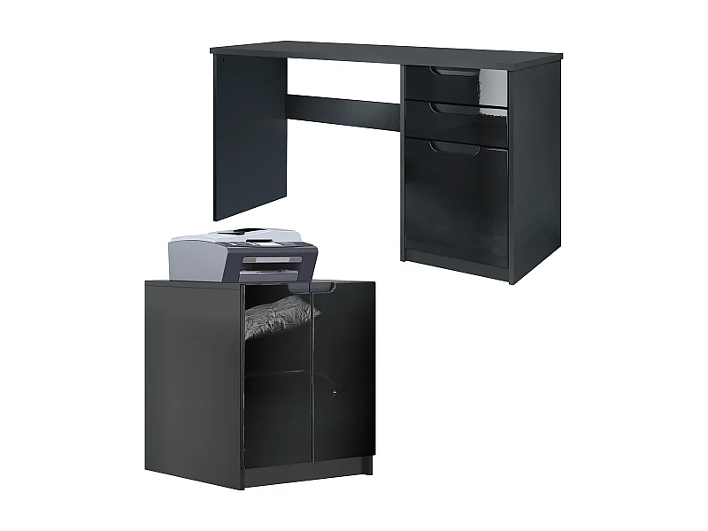 Mobiliario de oficina set home office París, fabricado en Alemania con mueble para impresora y escritorio, negro mate / negro de alto brillo