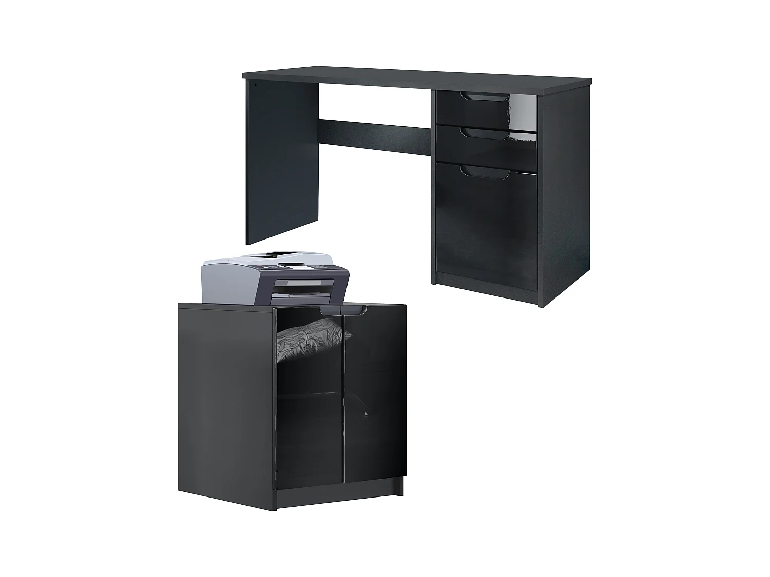 Mobilier de bureau ensemble bureau à domicile Paris, fabriqué en Allemagne avec meuble pour imprimante et bureau, noir mat / noir haute brillance