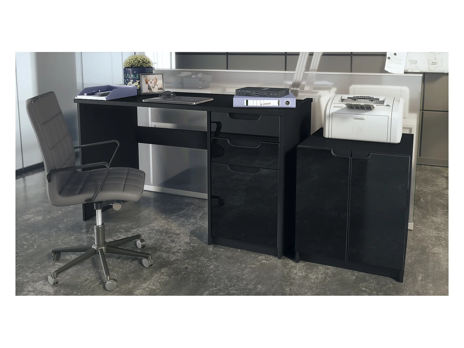 Mobilier de bureau ensemble bureau à domicile Paris, fabriqué en Allemagne avec meuble pour imprimante et bureau, noir mat / noir haute brillance