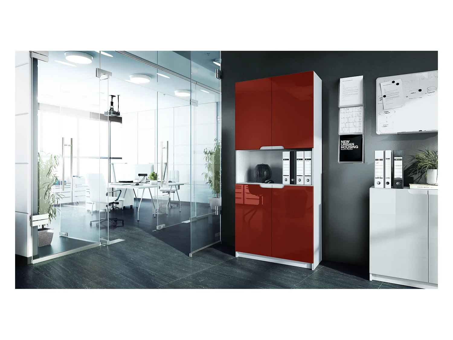 Étagère de bureau Logan V2, Armoire de rangement avec 5 compartiments et 4 portes, blanc mat/bordeaux haute brillance (82 x 184 x 37 cm)