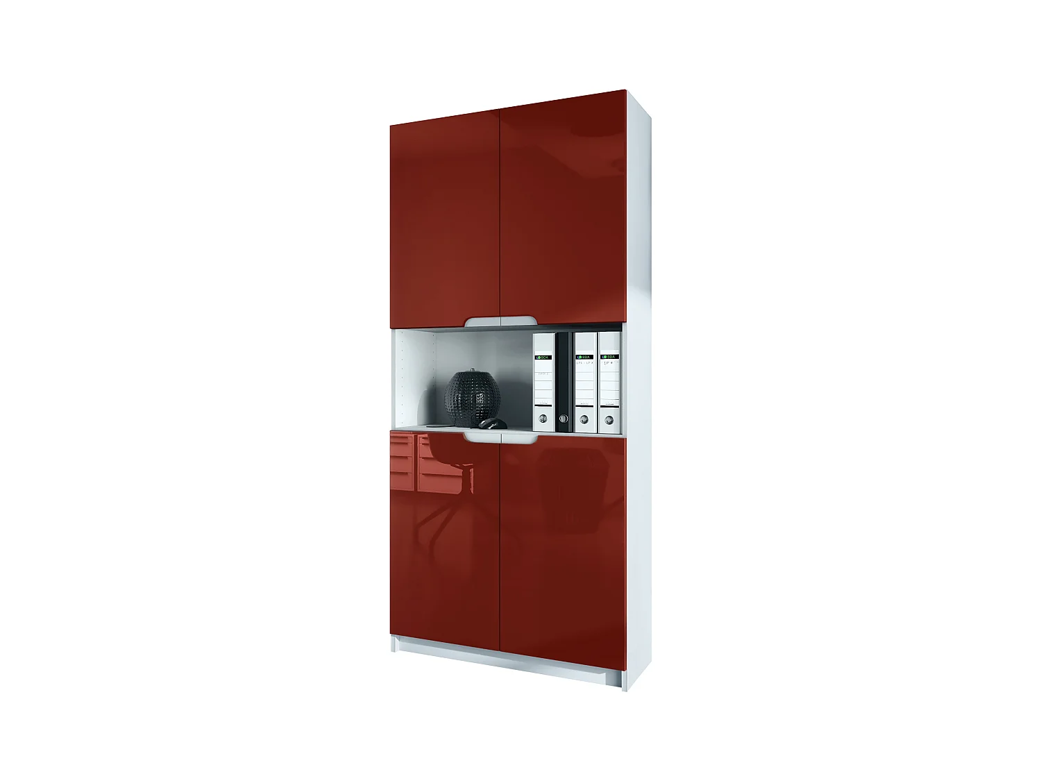 Étagère de bureau Logan V2, Armoire de rangement avec 5 compartiments et 4 portes, blanc mat/bordeaux haute brillance (82 x 184 x 37 cm)