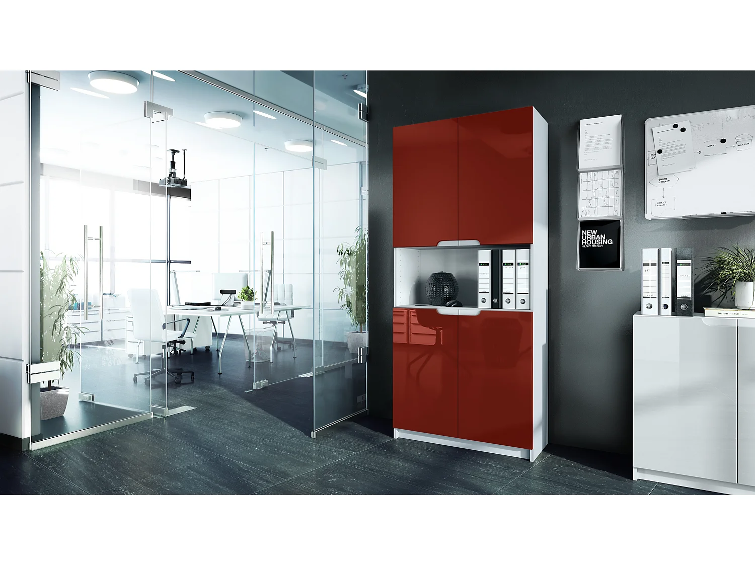 Étagère de bureau Logan V2, Armoire de rangement avec 5 compartiments et 4 portes, blanc mat/bordeaux haute brillance (82 x 184 x 37 cm)