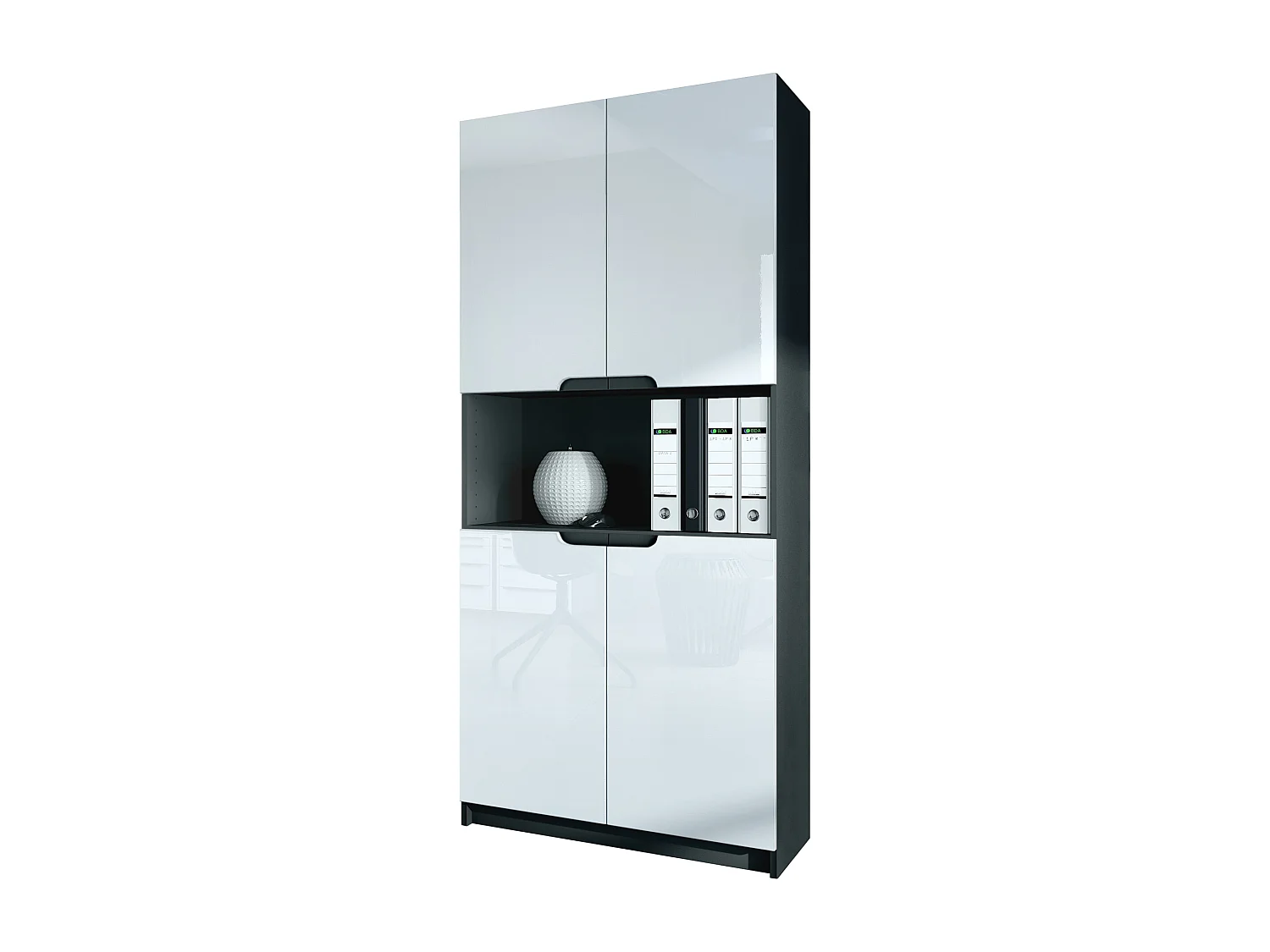 Étagère de bureau Logan V2, Armoire de rangement avec 5 compartiments et 4 portes, noir mat/blanc haute brillance (82 x 184 x 37 cm)