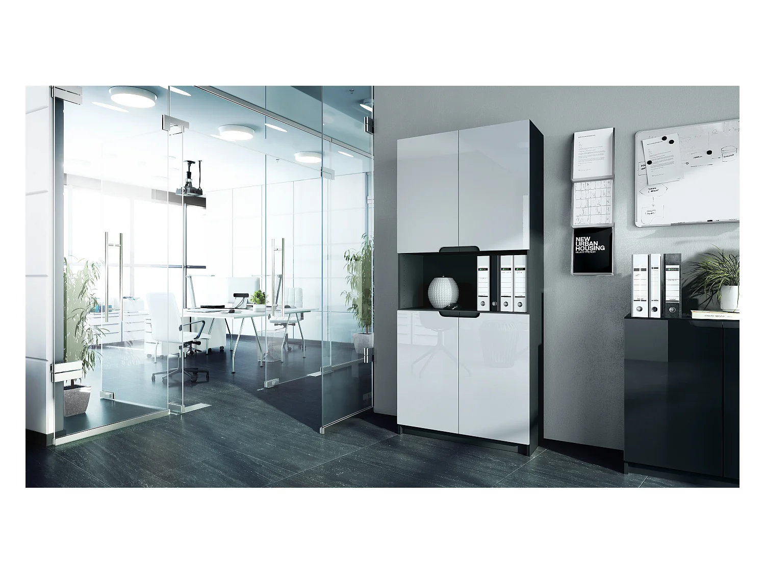 Étagère de bureau Logan V2, Armoire de rangement avec 5 compartiments et 4 portes, noir mat/blanc haute brillance (82 x 184 x 37 cm)