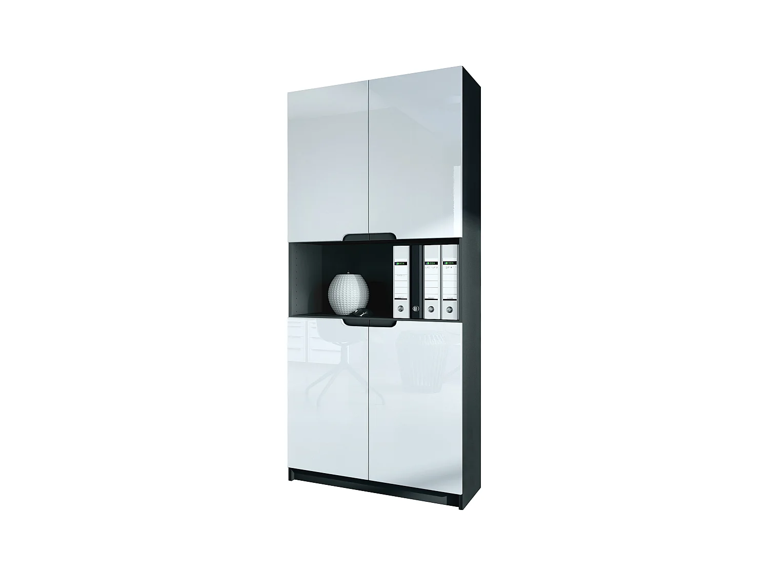 Étagère de bureau Logan V2, Armoire de rangement avec 5 compartiments et 4 portes, noir mat/blanc haute brillance (82 x 184 x 37 cm)