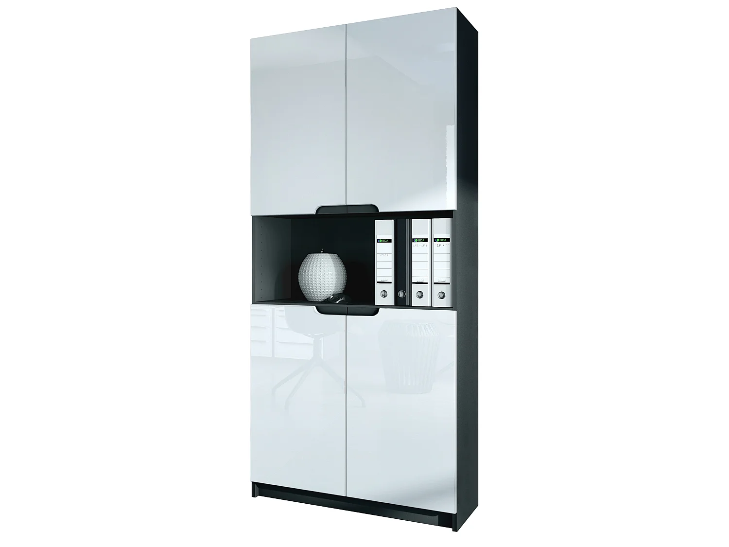 Étagère de bureau Logan V2, Armoire de rangement avec 5 compartiments et 4 portes, noir mat/blanc haute brillance (82 x 184 x 37 cm)