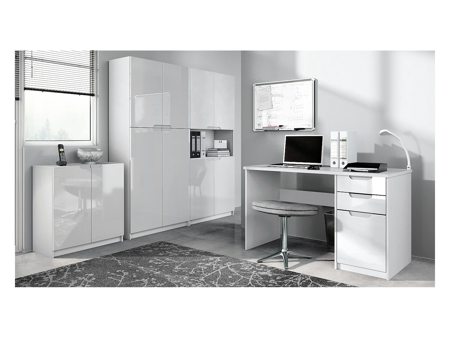 Ensemble de meubles de bureau Armoire Commode Rangement Logan, Corps en blanc mat / Façades en blanc haute brillance