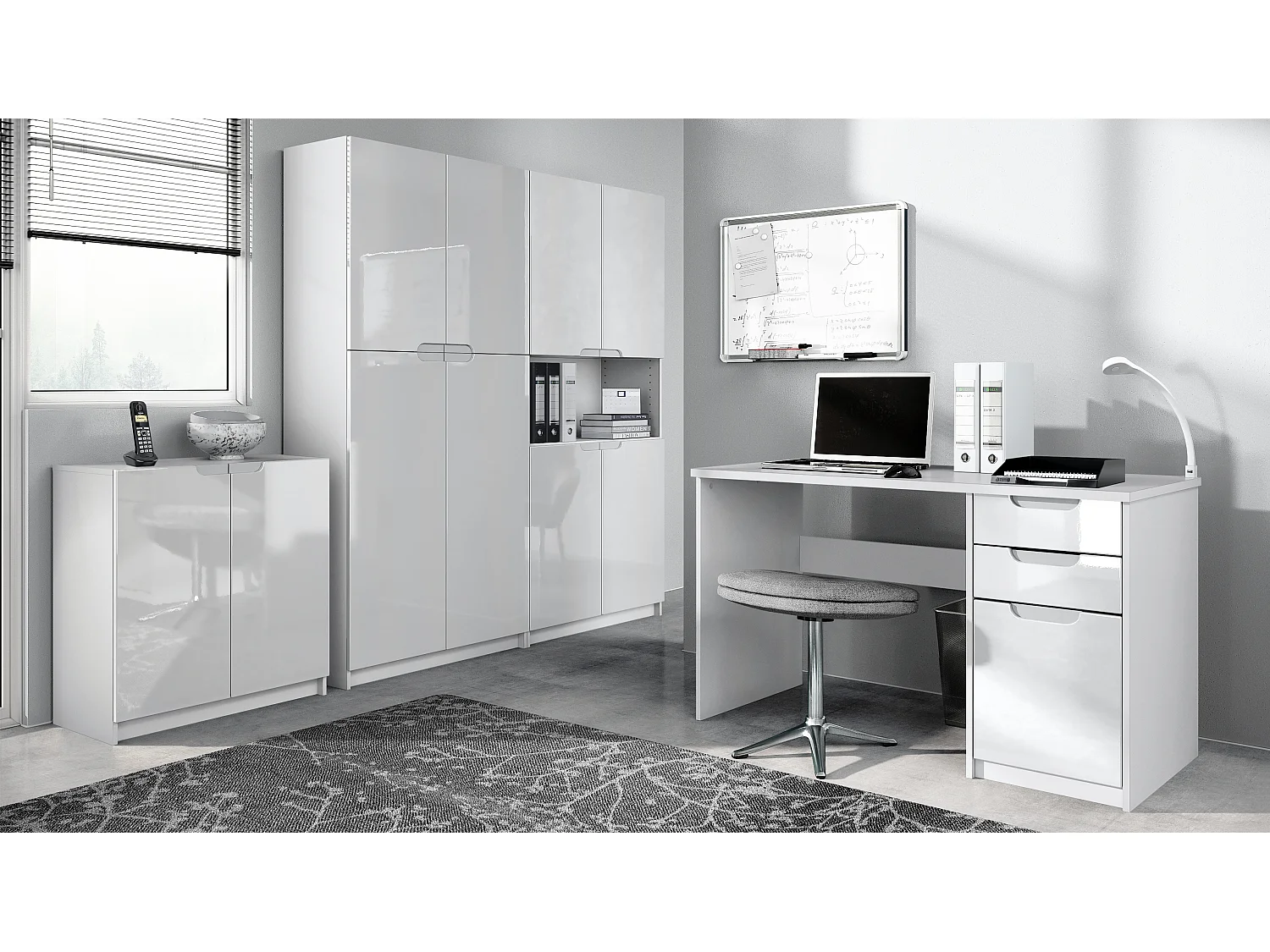 Set di mobili per ufficio Armadio e scrivania Logan, struttura in bianco opaco / frontali in bianco lucido