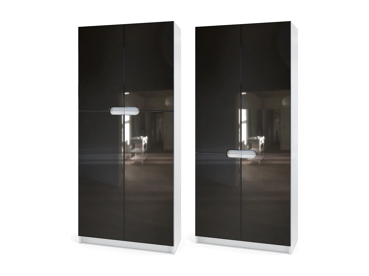 Set di mobili per ufficio Armadio e scrivania Logan, struttura in bianco opaco / frontali in bianco lucido