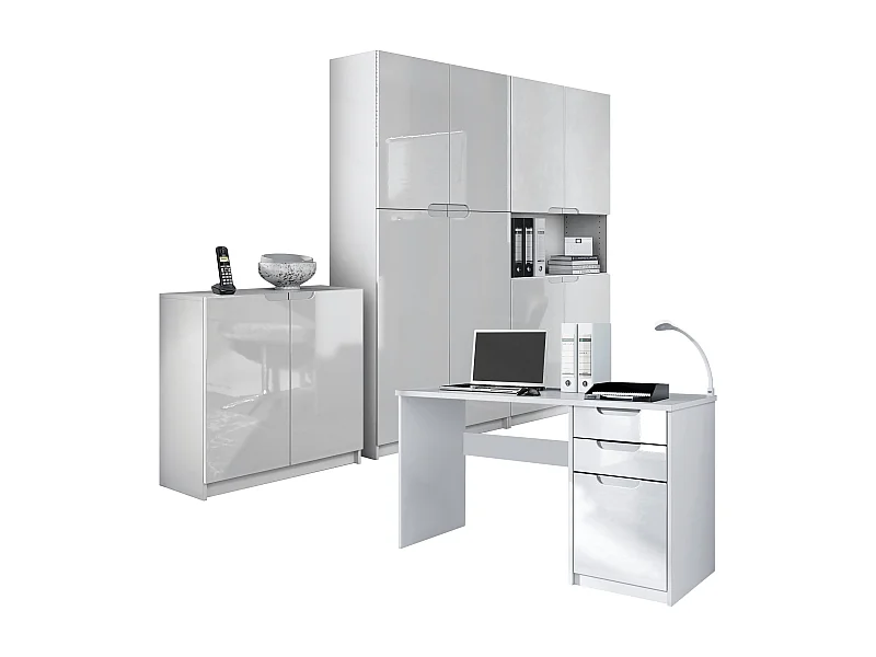 Set di mobili per ufficio Armadio e scrivania Logan, struttura in bianco opaco / frontali in bianco lucido