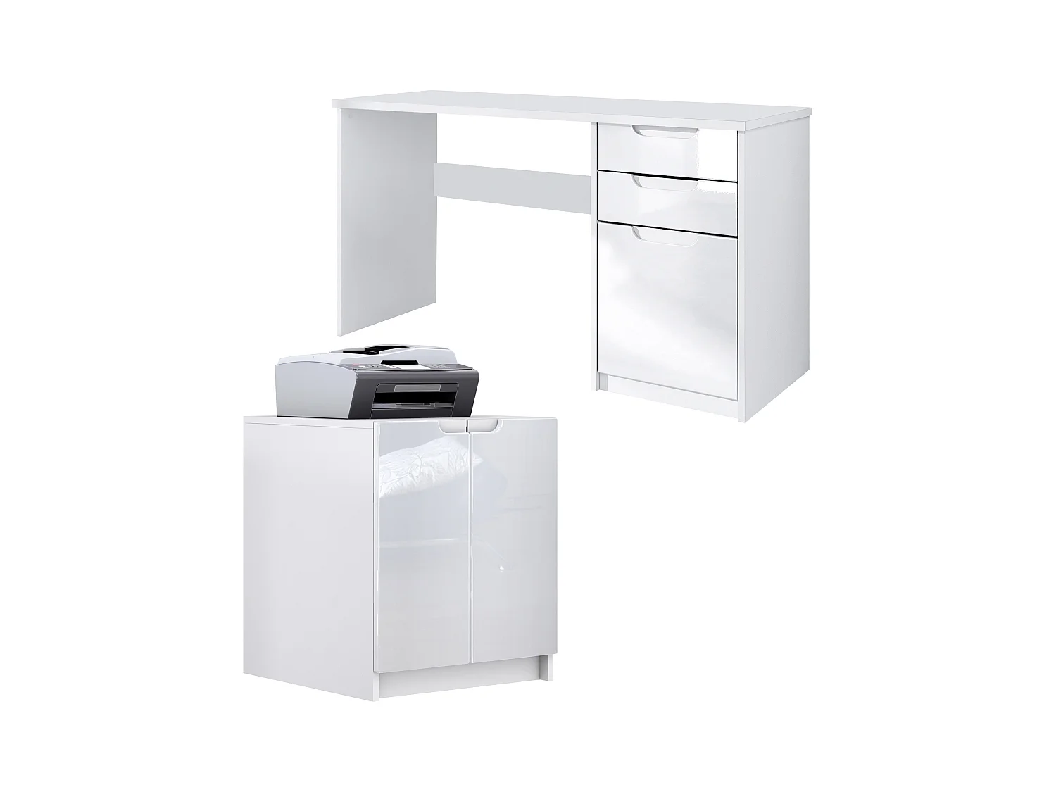 Mobilier de bureau ensemble bureau à domicile Paris, fabriqué en Allemagne avec meuble pour imprimante et bureau, blanc mat / blanc haute brillance