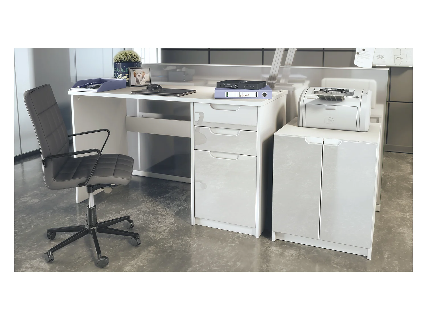 Mobilier de bureau ensemble bureau à domicile Paris, fabriqué en Allemagne avec meuble pour imprimante et bureau, blanc mat / blanc haute brillance