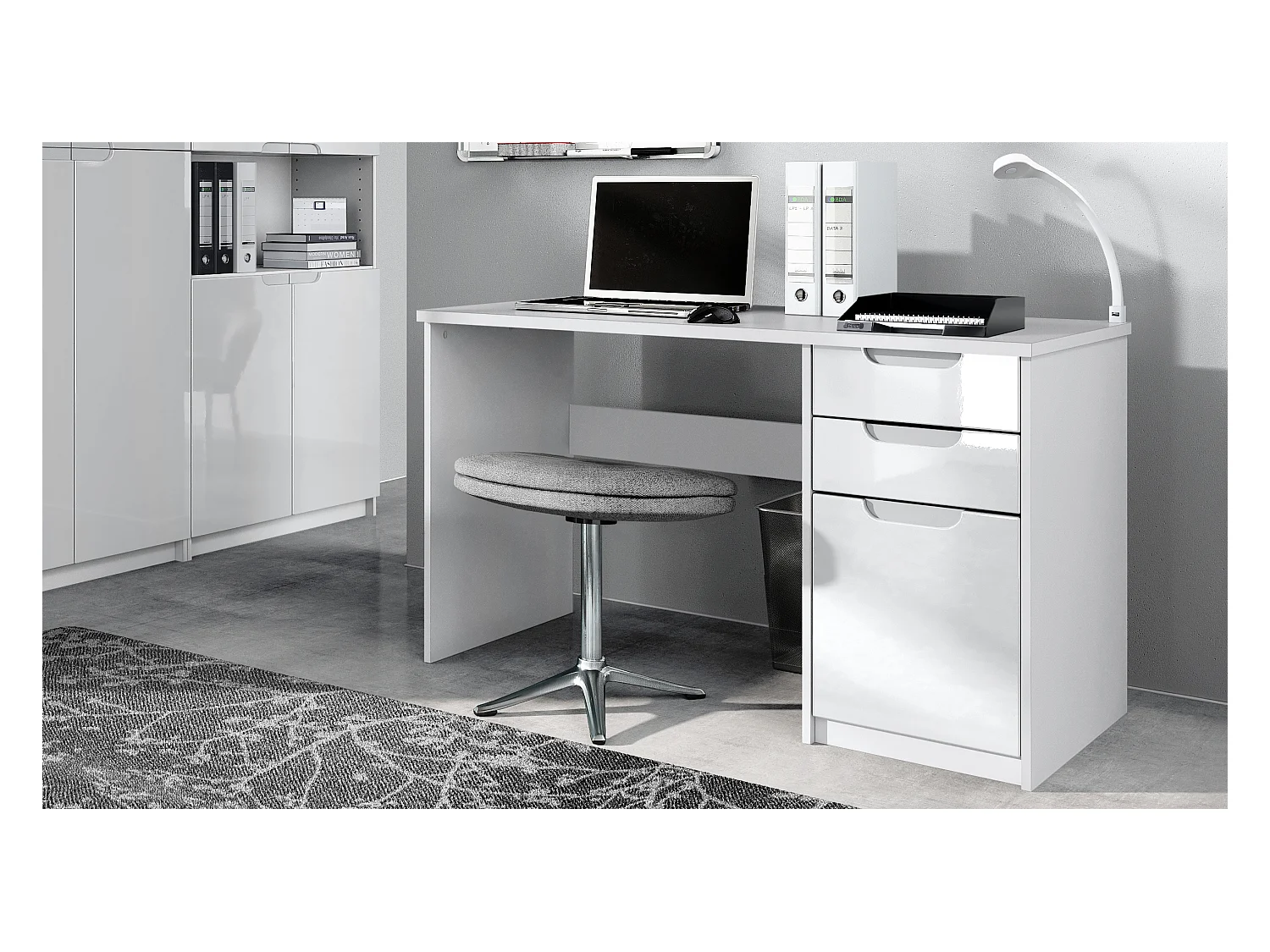 Mobilier de bureau ensemble bureau à domicile Paris, fabriqué en Allemagne avec meuble pour imprimante et bureau, blanc mat / blanc haute brillance