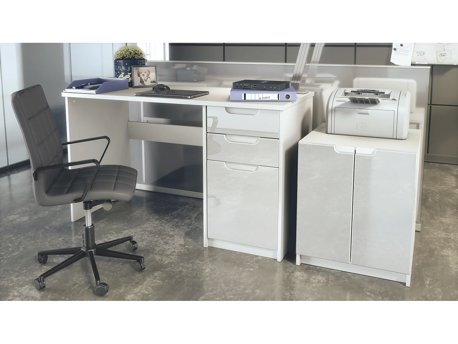 Mobilier de bureau ensemble bureau à domicile Paris, fabriqué en Allemagne avec meuble pour imprimante et bureau, blanc mat / blanc haute brillance