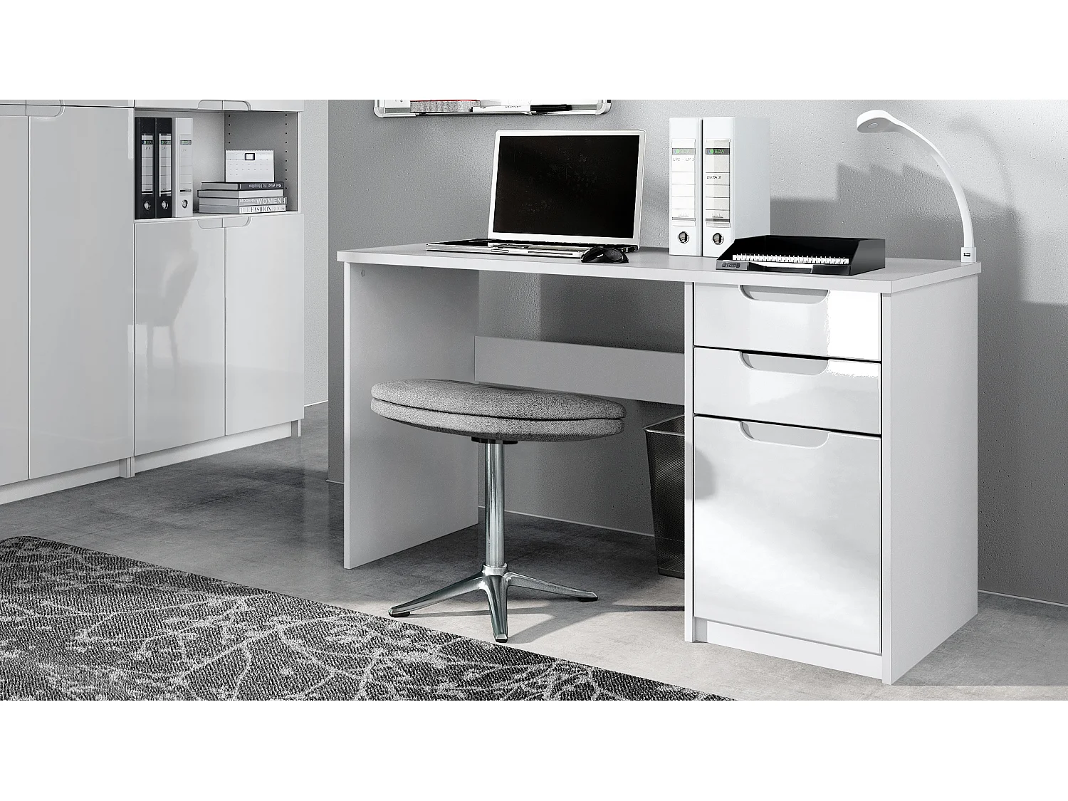 Mobilier de bureau ensemble bureau à domicile Paris, fabriqué en Allemagne avec meuble pour imprimante et bureau, blanc mat / blanc haute brillance