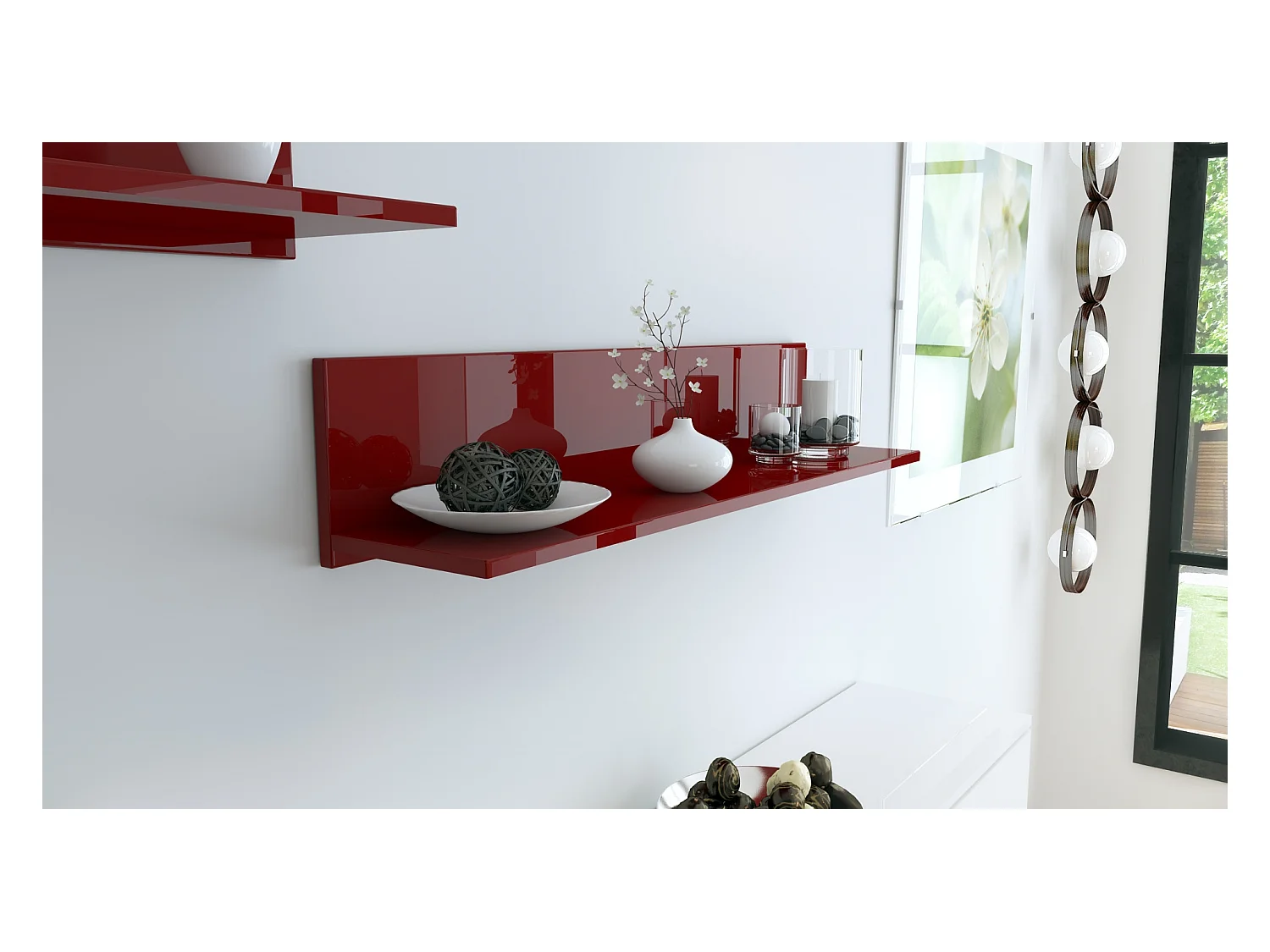 Étagère murale Skadu, Tablette murale avec surface de rangement, bordeaux haute brillance (97,5 x 18,5 x 18,5 cm)