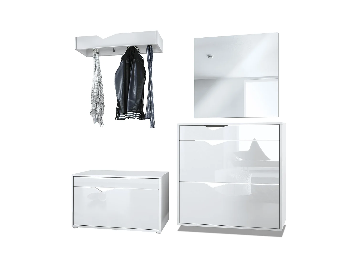 Ensemble Vestiaire Kolmio 190 x 185 x 33 cm portemanteau de couloir, caisson en blanc mat, façades en Blanc haute brillance | Grand choix de couleurs