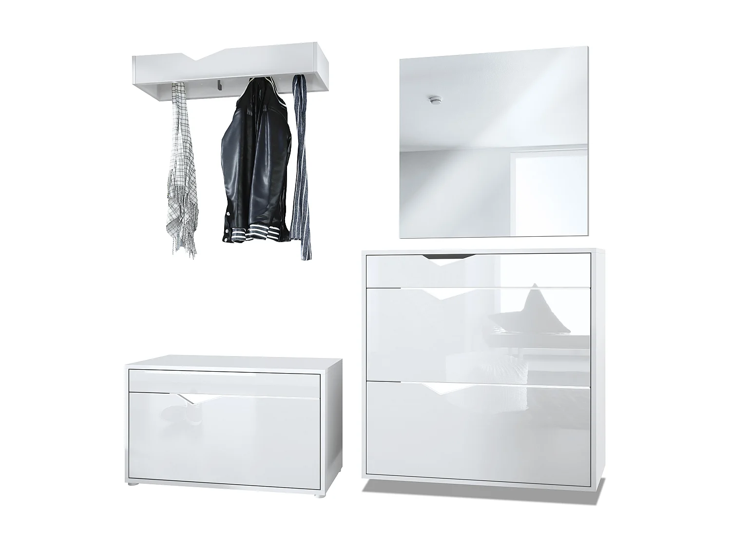 Ensemble Vestiaire Kolmio 190 x 185 x 33 cm portemanteau de couloir, caisson en blanc mat, façades en Blanc haute brillance | Grand choix de couleurs