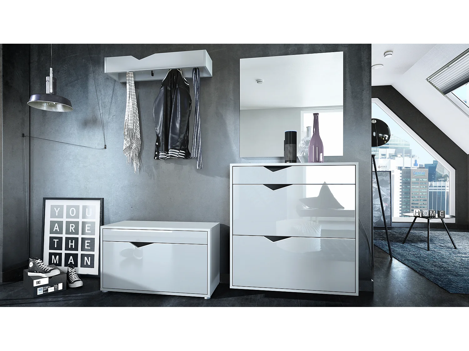 Ensemble Vestiaire Kolmio 190 x 185 x 33 cm portemanteau de couloir, caisson en blanc mat, façades en Blanc haute brillance | Grand choix de couleurs