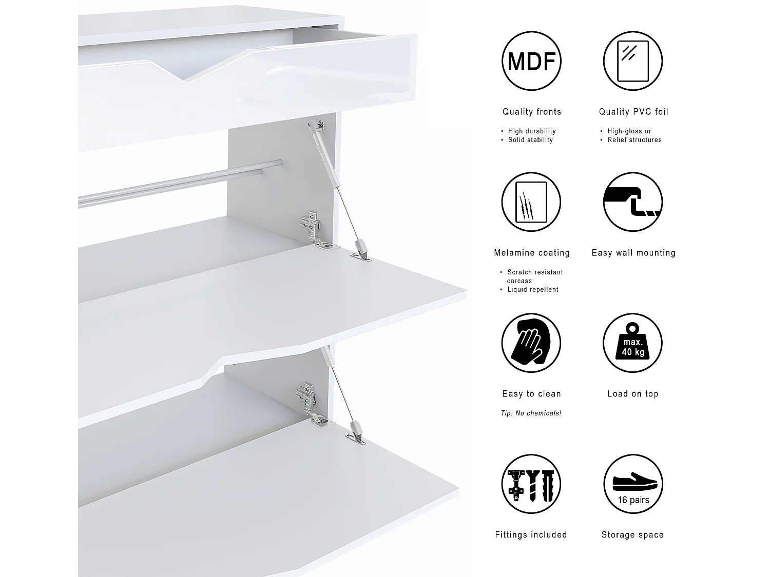 Ensemble Vestiaire Kolmio 190 x 185 x 33 cm portemanteau de couloir, caisson en blanc mat, façades en Blanc haute brillance | Grand choix de couleurs