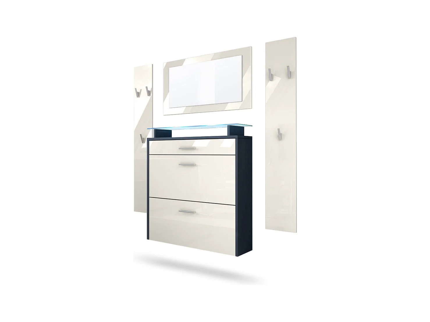 Penderie Malea, Meuble d’entrée comprenant 1 commode à chaussures, 1 miroir et 2 panneaux porte-manteaux, Anthracite mat/Crème brillant, LED bleu inclus