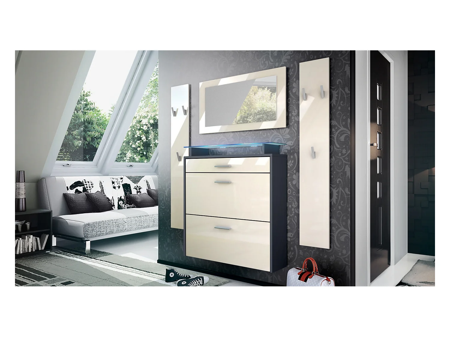 Penderie Malea, Meuble d’entrée comprenant 1 commode à chaussures, 1 miroir et 2 panneaux porte-manteaux, Anthracite mat/Crème brillant, LED bleu inclus