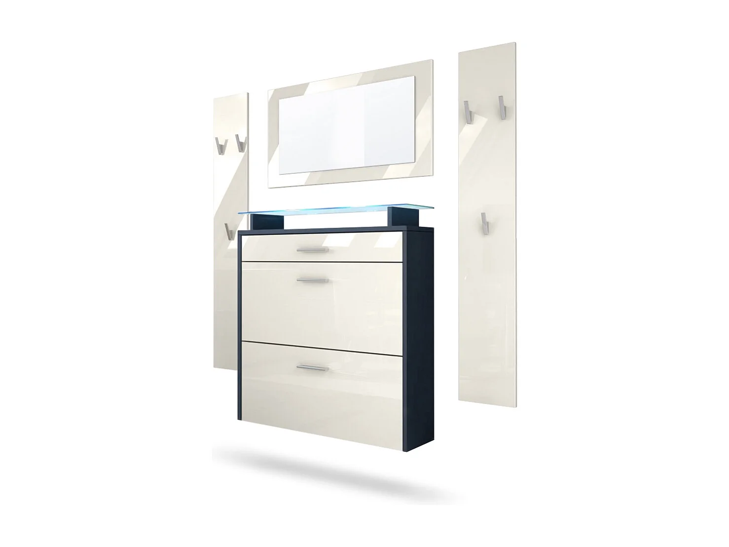 Penderie Malea, Meuble d’entrée comprenant 1 commode à chaussures, 1 miroir et 2 panneaux porte-manteaux, Anthracite mat/Crème brillant, LED bleu inclus