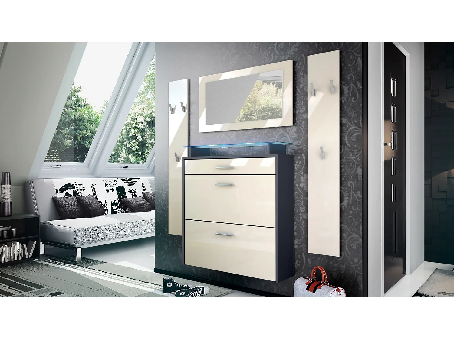 Penderie Malea, Meuble d’entrée comprenant 1 commode à chaussures, 1 miroir et 2 panneaux porte-manteaux, Anthracite mat/Crème brillant, LED bleu inclus