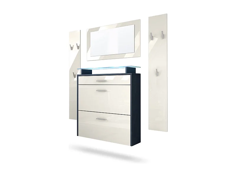 Penderie Malea, Meuble d’entrée comprenant 1 commode à chaussures, 1 miroir et 2 panneaux porte-manteaux, Anthracite mat/Crème brillant, LED bleu inclus