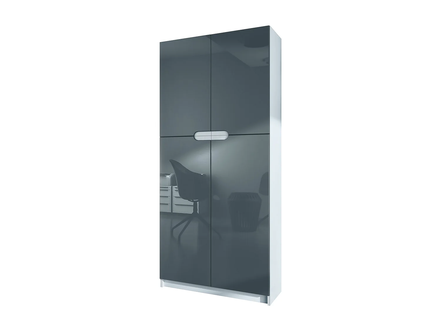 Meuble rangement bureau Logan V1, Armoire de bureau haute avec 5 compartiments et 4 portes, blanc mat/gris haute brillance (82 x 185 x 37 cm)