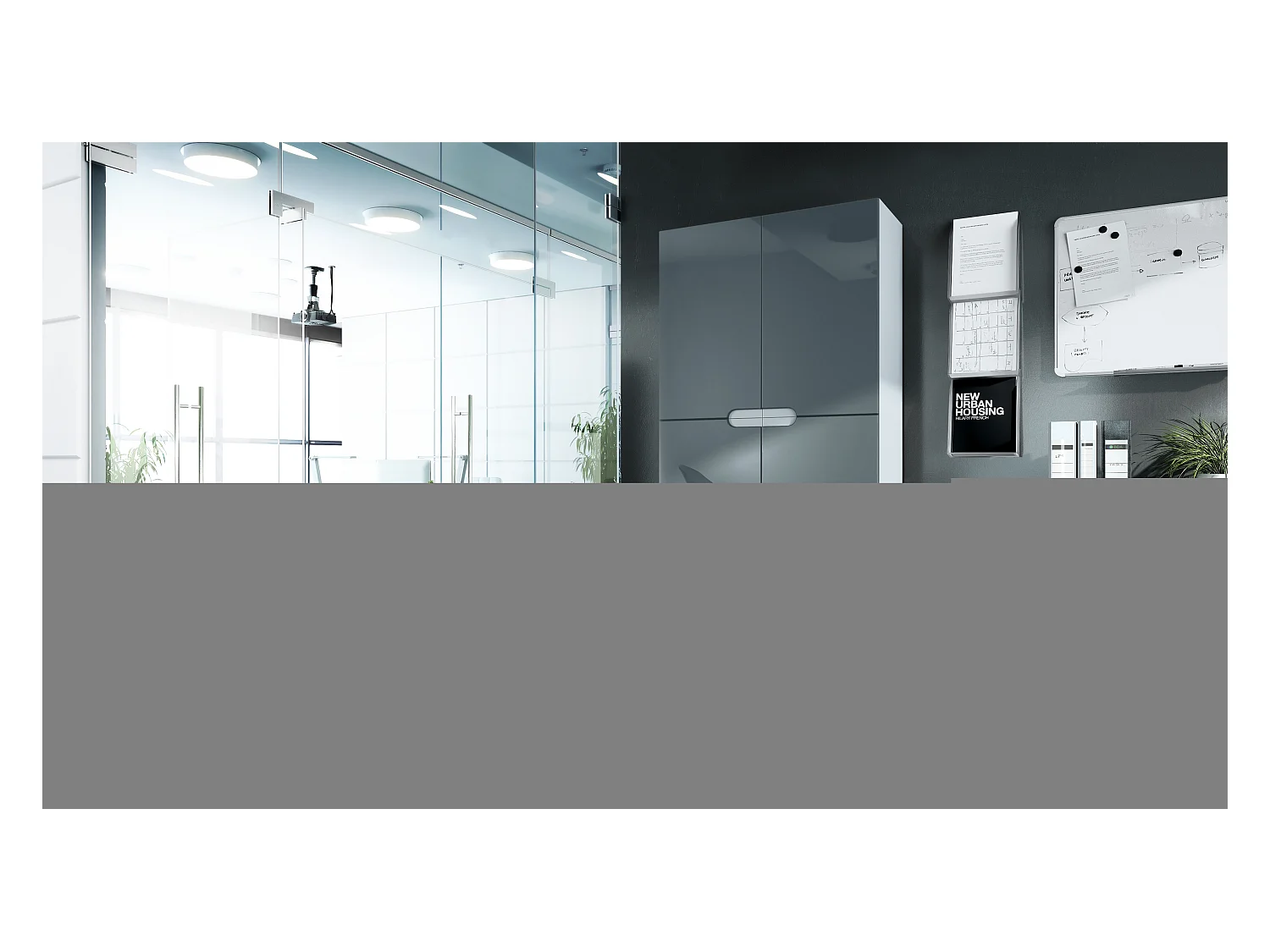 Meuble rangement bureau Logan V1, Armoire de bureau haute avec 5 compartiments et 4 portes, blanc mat/gris haute brillance (82 x 185 x 37 cm)