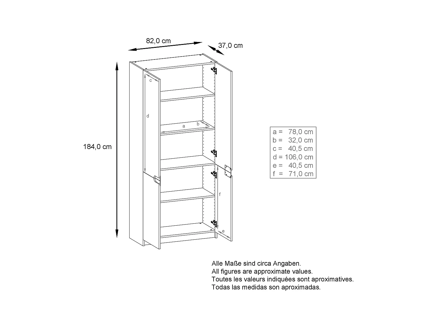 Meuble rangement bureau Logan V1, Armoire de bureau haute avec 5 compartiments et 4 portes, blanc mat/gris haute brillance (82 x 185 x 37 cm)