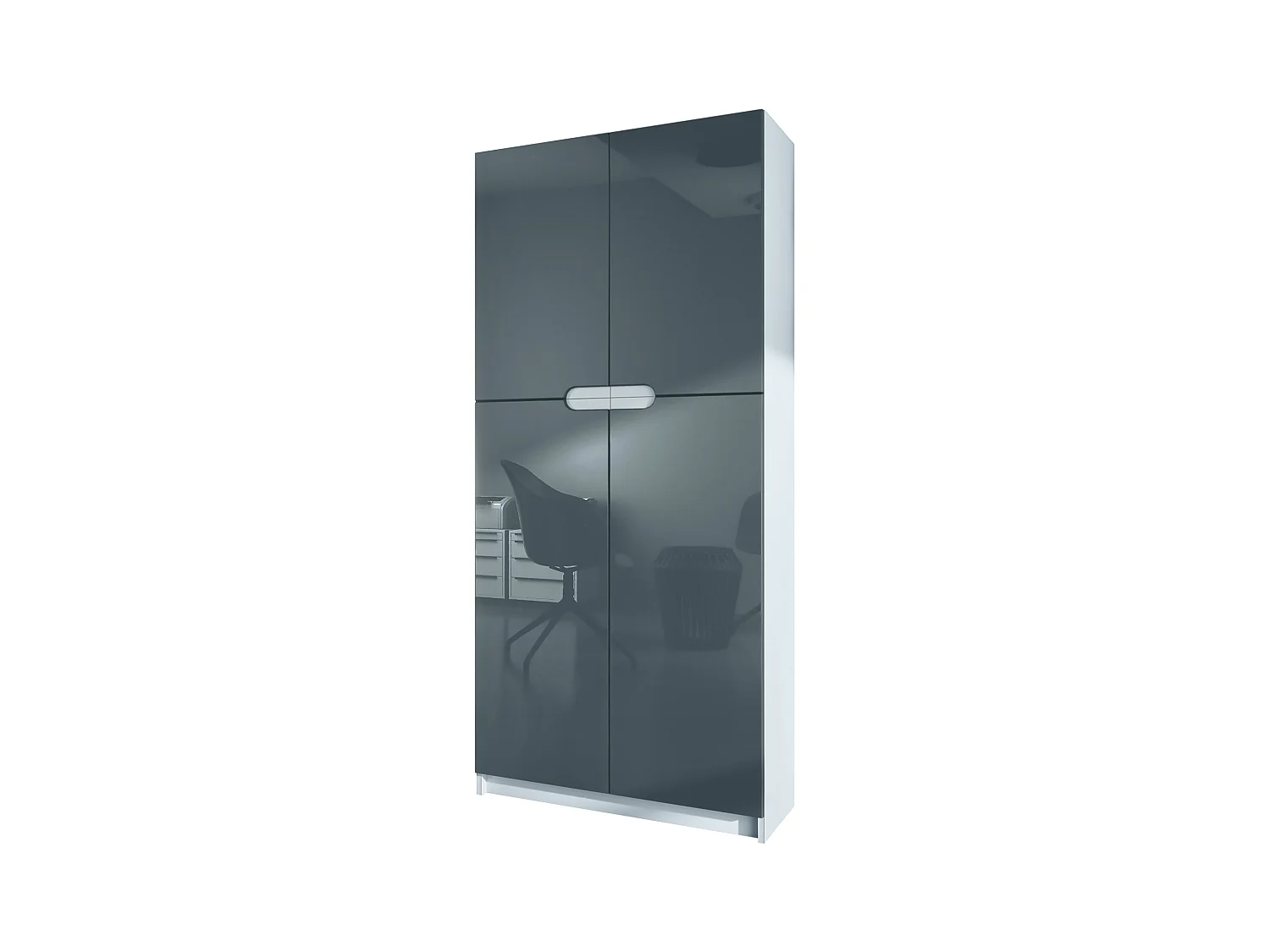 Meuble rangement bureau Logan V1, Armoire de bureau haute avec 5 compartiments et 4 portes, blanc mat/gris haute brillance (82 x 185 x 37 cm)