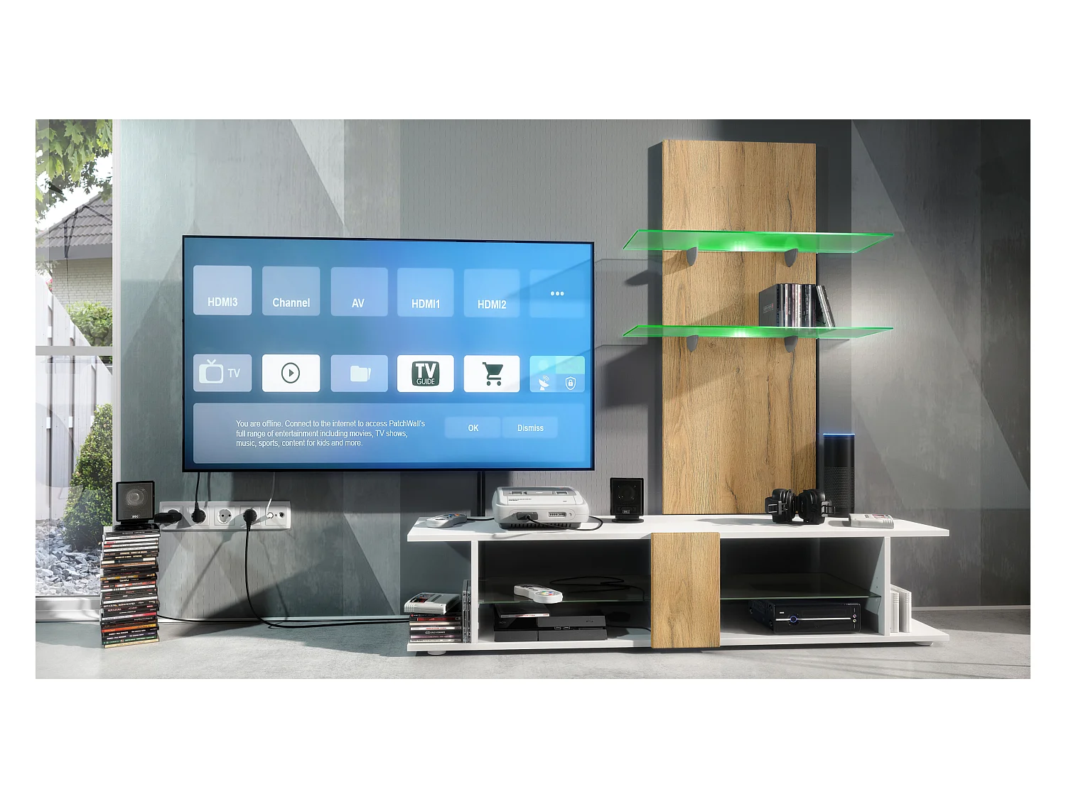 Panneau mural Faro en chêne nature y compris LED - étagère murale moderne pour votre salon (70 x 110 x 21 cm)