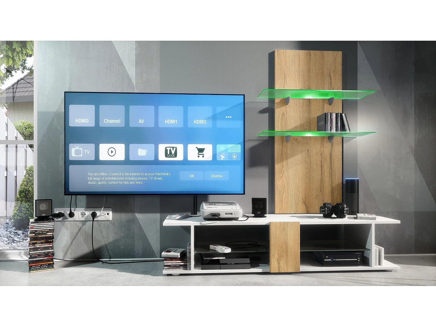 Vladon Pannello da parete Faro in rovere naturale incl. LED - Mensola moderna per la zona giorno (70 x 110 x 21 cm)