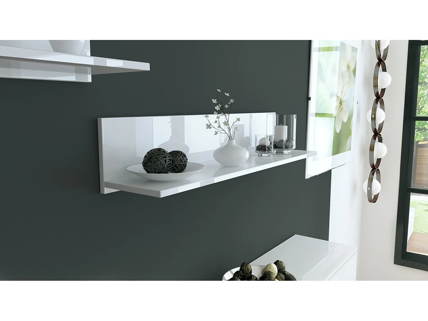 Étagère murale Skadu, Tablette murale avec surface de rangement, blanc haute brillance (97,5 x 18,5 x 18,5 cm)