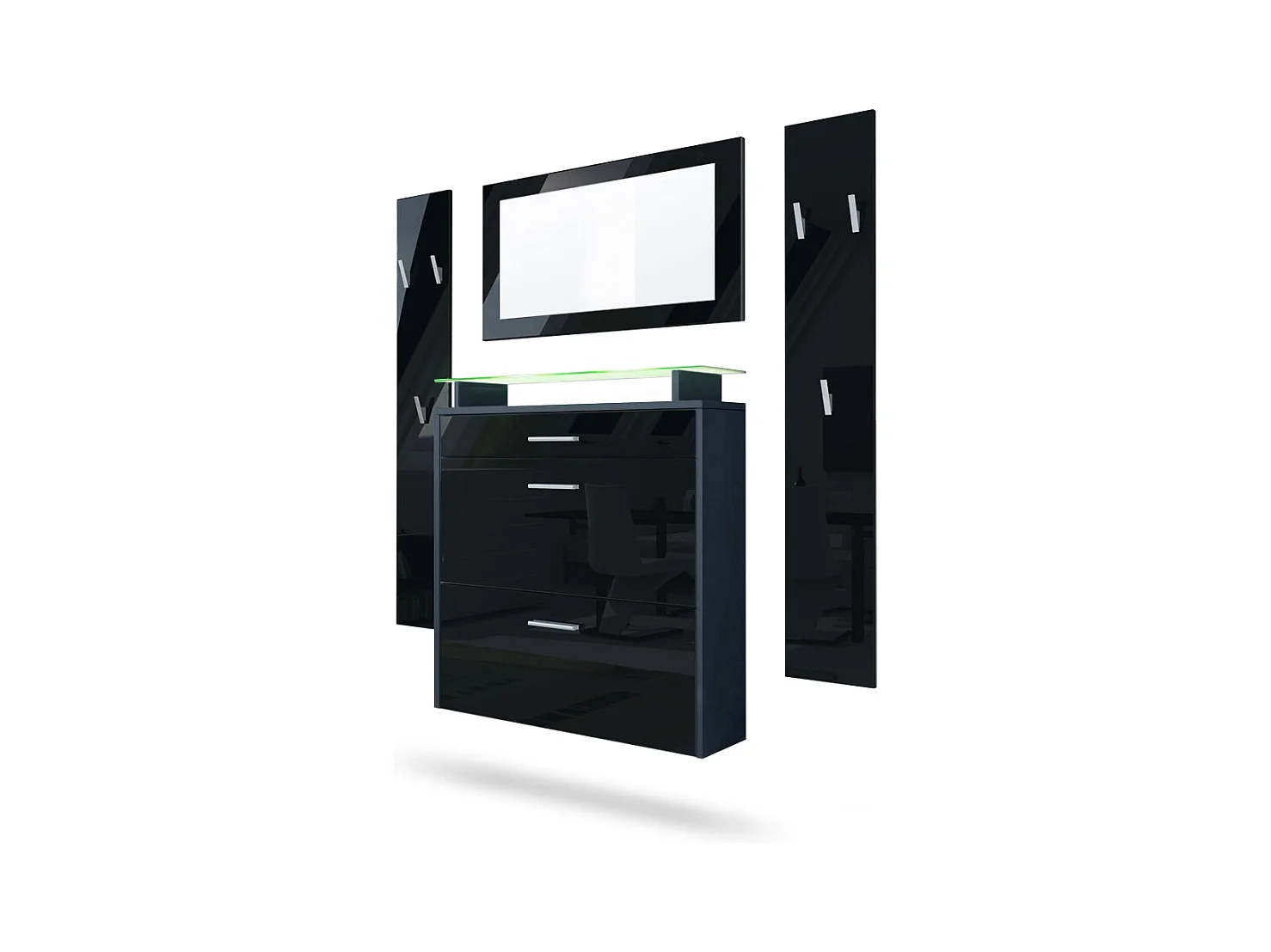 Penderie Malea, Meuble d’entrée comprenant 1 commode à chaussures murale, 1 miroir et 2 panneaux porte-manteaux, Anthracite mat/Noir brillant, LED RVB inclus
