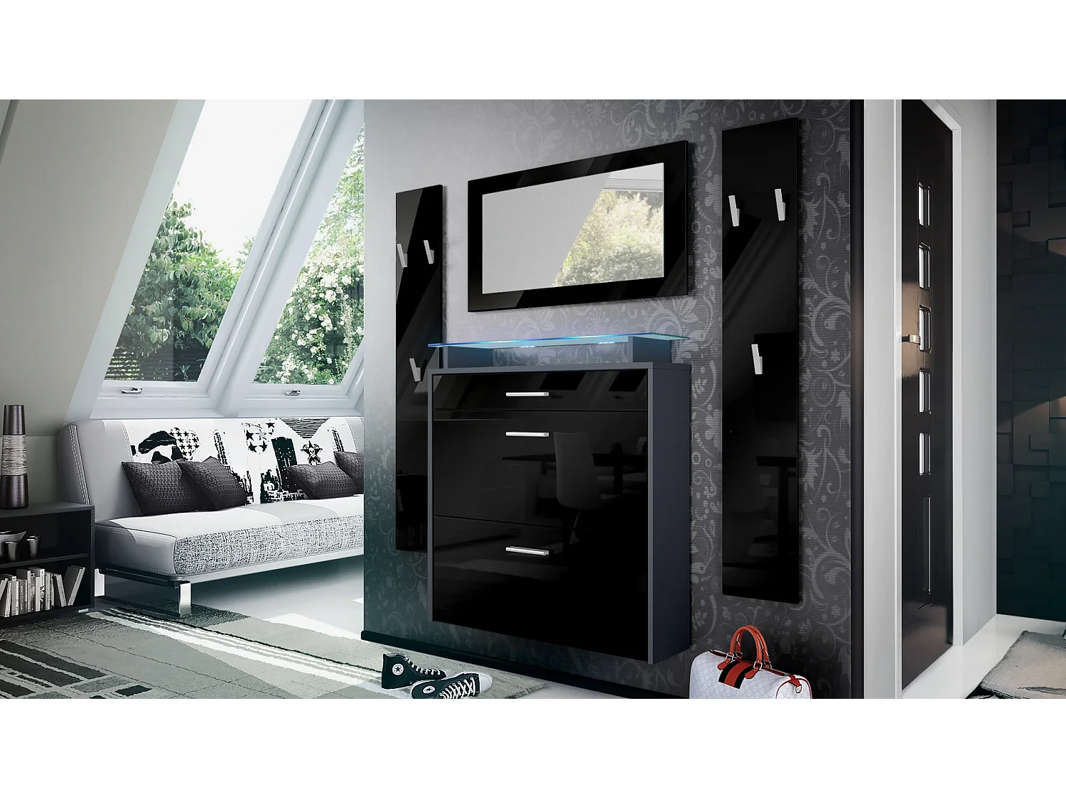 Penderie Malea, Meuble d’entrée comprenant 1 commode à chaussures murale, 1 miroir et 2 panneaux porte-manteaux, Anthracite mat/Noir brillant, LED RVB inclus