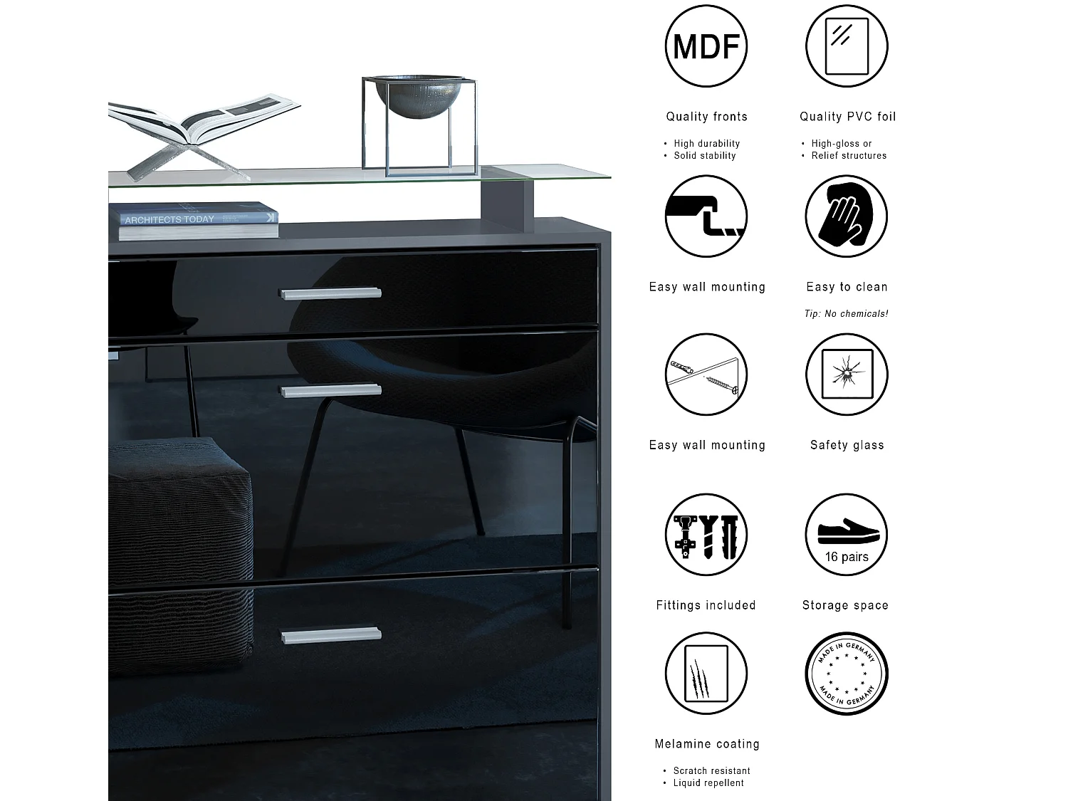 Penderie Malea, Meuble d’entrée comprenant 1 commode à chaussures murale, 1 miroir et 2 panneaux porte-manteaux, Anthracite mat/Noir brillant, LED RVB inclus