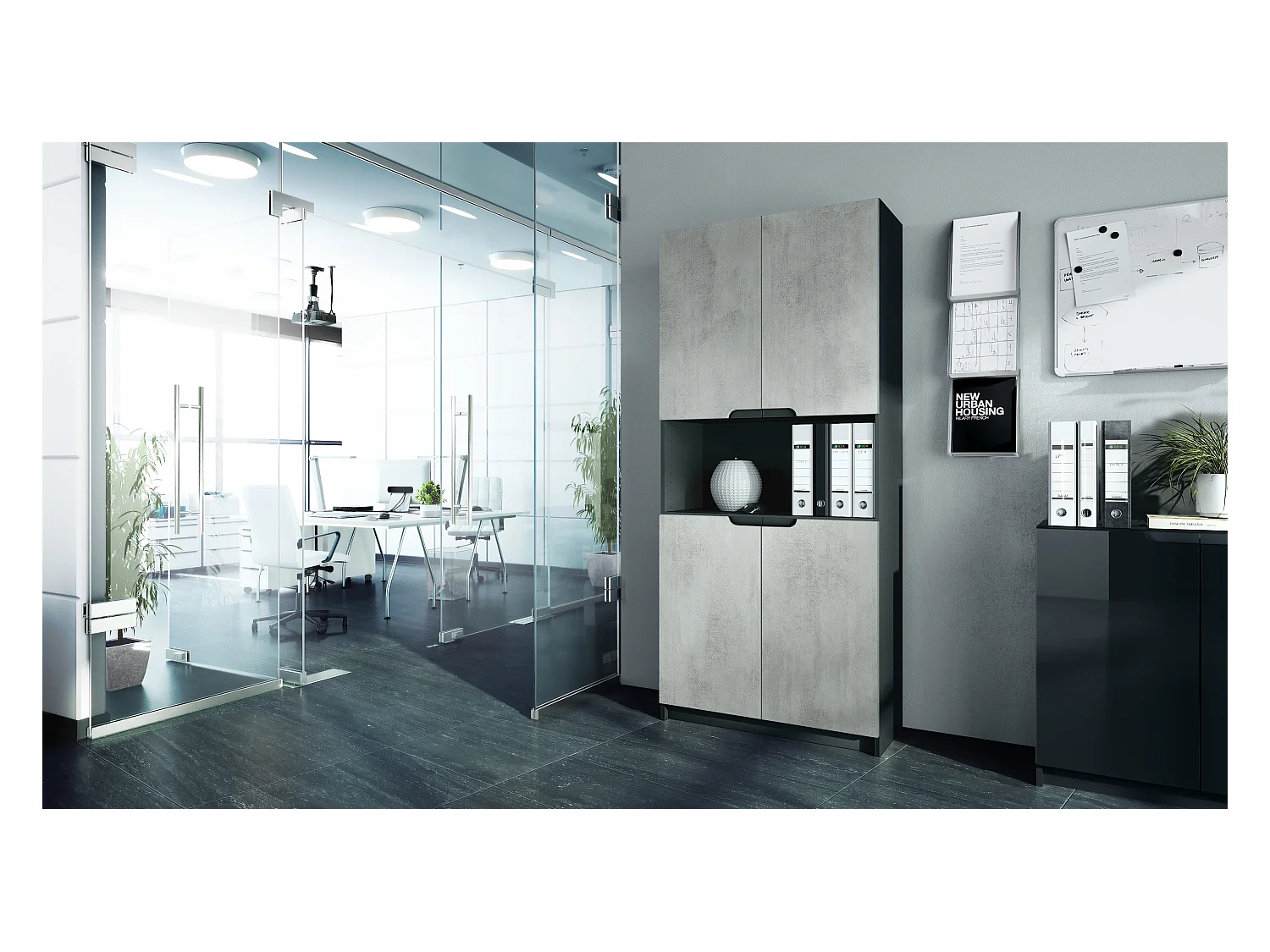 Étagère de bureau Logan V2, Armoire de rangement avec 5 compartiments et 4 portes, noir mat/aspect béton oxyde (82 x 184 x 37 cm)